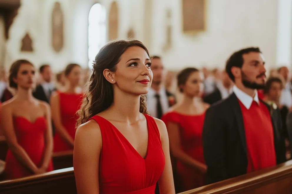 Scène de mariage avec une robe rouge
