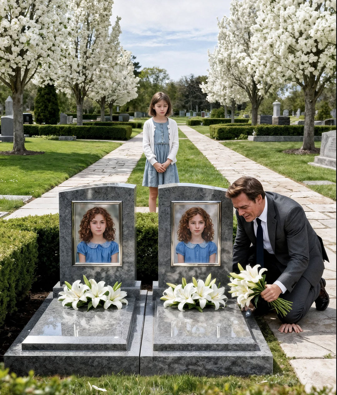 Chaque samedi, un millionnaire accablé de chagrin venait se recueillir sur les tombes de ses filles — jusqu’au jour où une fillette pauvre pointa les pierres tombales du doigt et murmura : “Monsieur… elles vivent dans ma rue.”