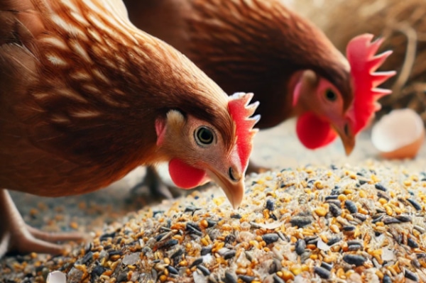Poules se nourrissant de coquilles d'œufs broyées