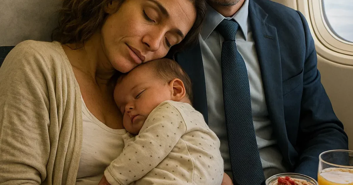 Épuisée, une maman s’endort avec son bébé sur l’épaule d’un homme — son réveil la laisse sans voix
