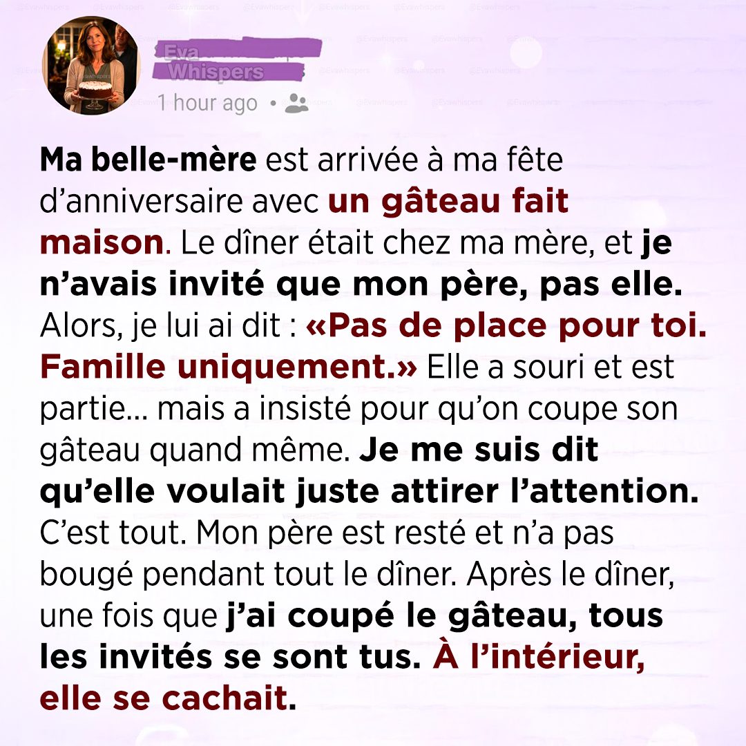J’ai mis ma belle-mère à la porte de ma fête d’anniversaire — ce qui était caché dans le gâteau m’a brisée