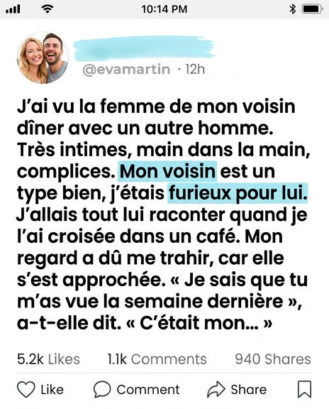 J’étais prête à dénoncer la femme de mon voisin pour infidélité… jusqu’à ce qu’elle me révèle une vérité qui m’a brisé le cœur
