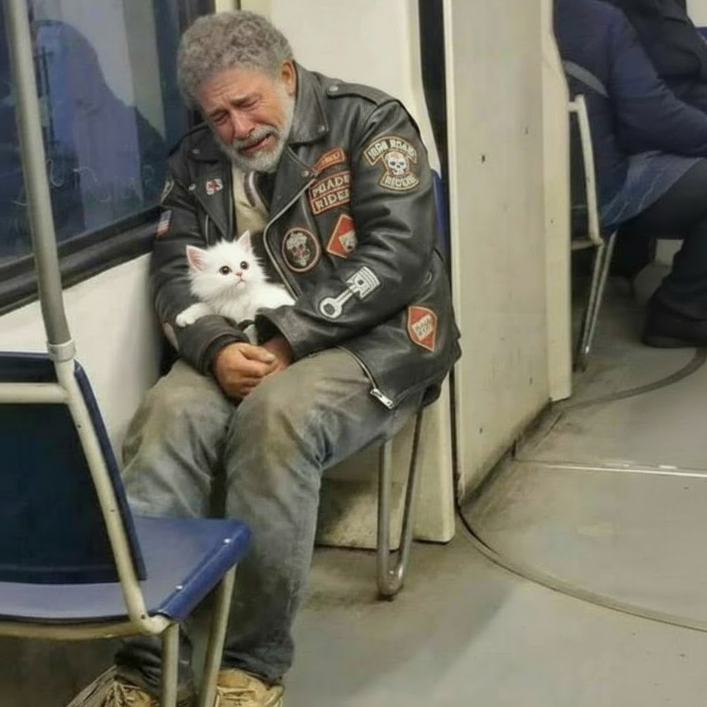 Le motard dans le métro pleurait en serrant un chaton contre lui — et personne ne comprit pourquoi… jusqu’à ce qu’il parle
