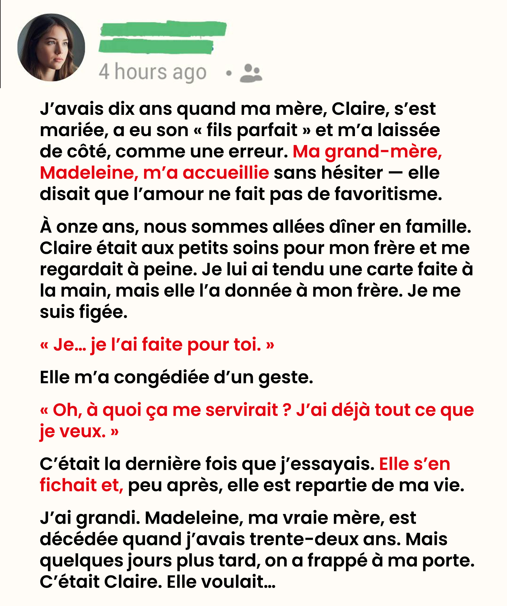 Ma mère m’a abandonnée pour sa nouvelle famille — des années plus tard, elle a frappé à ma porte pour une seule chose