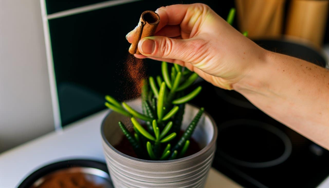 Application de cannelle sur une plante en pot