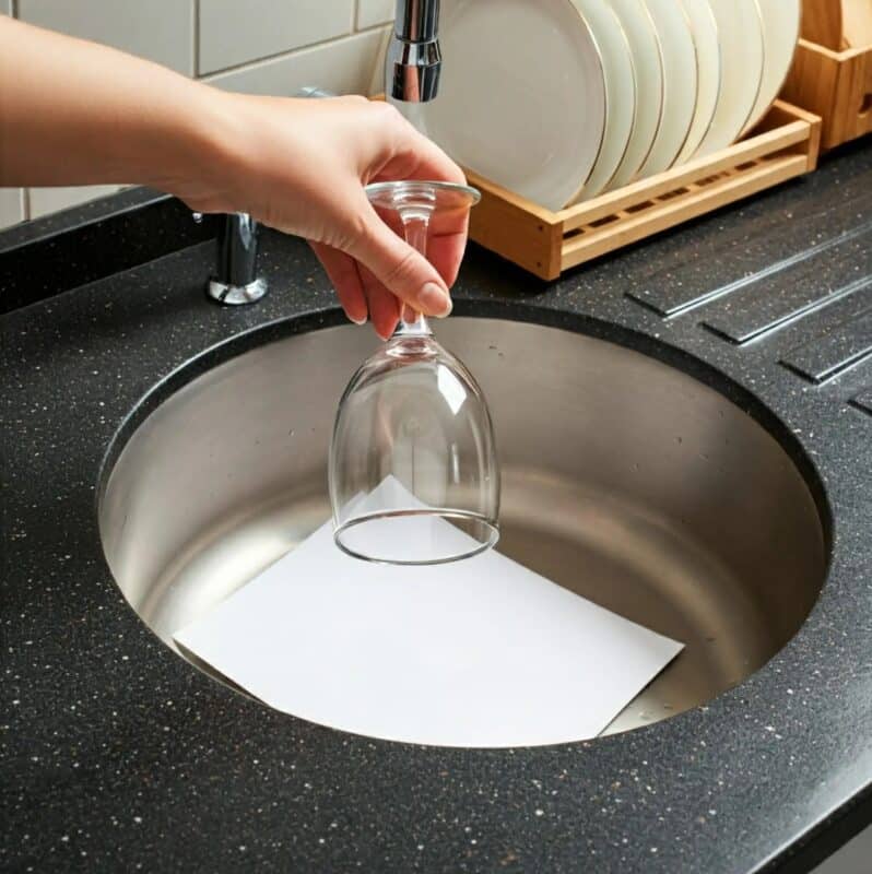 Évier recouvert de papier et verre