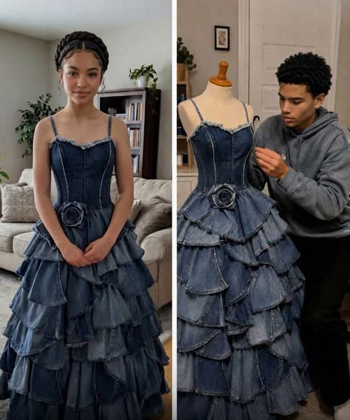 Il coud une robe de bal avec les jeans de leur maman disparue : ce que sa belle-mère n'avait pas prévu