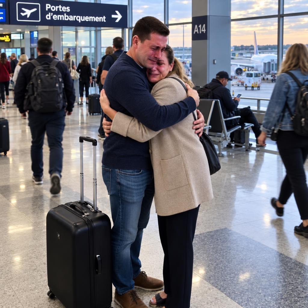 Il pleure à l'aéroport pour dire au revoir à sa femme — mais il sait déjà tout