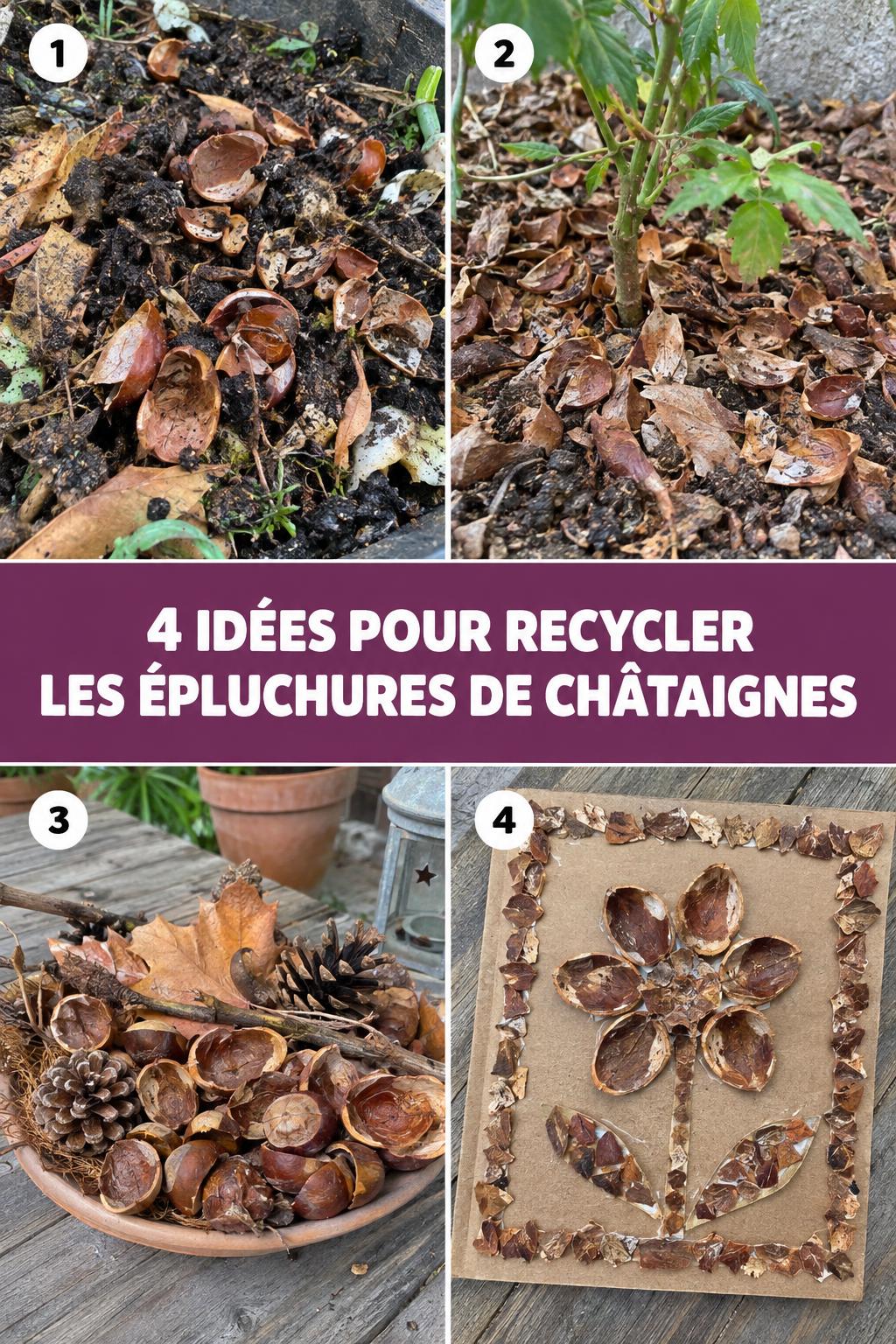 Quatre idées pour recycler les épluchures de châtaignes : compost, paillage, décoration d'automne et mosaïque