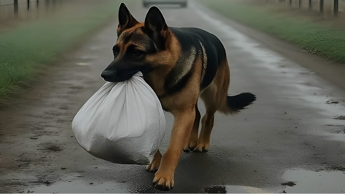 Un berger allemand portait un sac blanc — l’intervention d’un automobiliste mènera, quelques jours plus tard, à une révélation stupéfiante